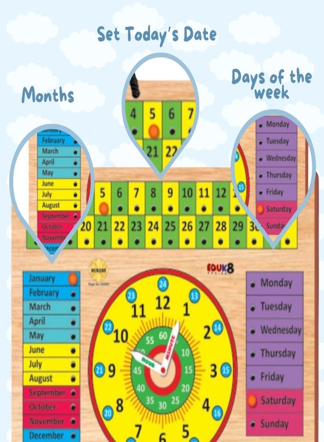 *MUKESH* MUKESH Multifunctional 6 in 1 Wood Clock/Calendar Montessori Analog for Kids, Preschool, Educational, Premium Learning Clock Toy | Multi Color | with 4 Extra PINS | Best for Gifts (BIS Certified) - Image 2